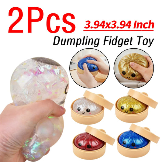 2/4Pcs Glitter Dumpling Squishies Squishy Dumplings Stress Balls Soft Squeezy Dough Ball with Steamer Stress Relief Desk Toys